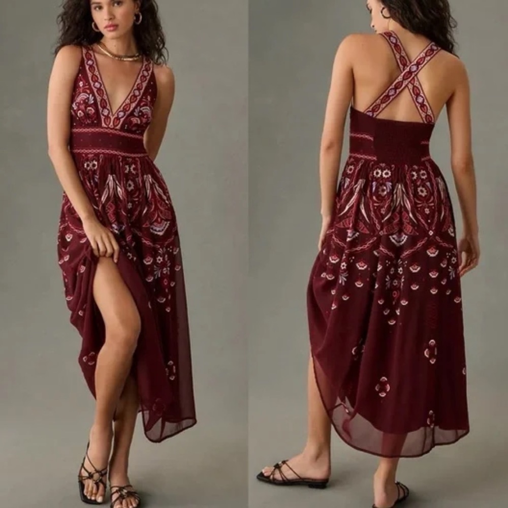 Anthropologie V Neck Deco Midi Dress in Wine Size Medium NWOT!